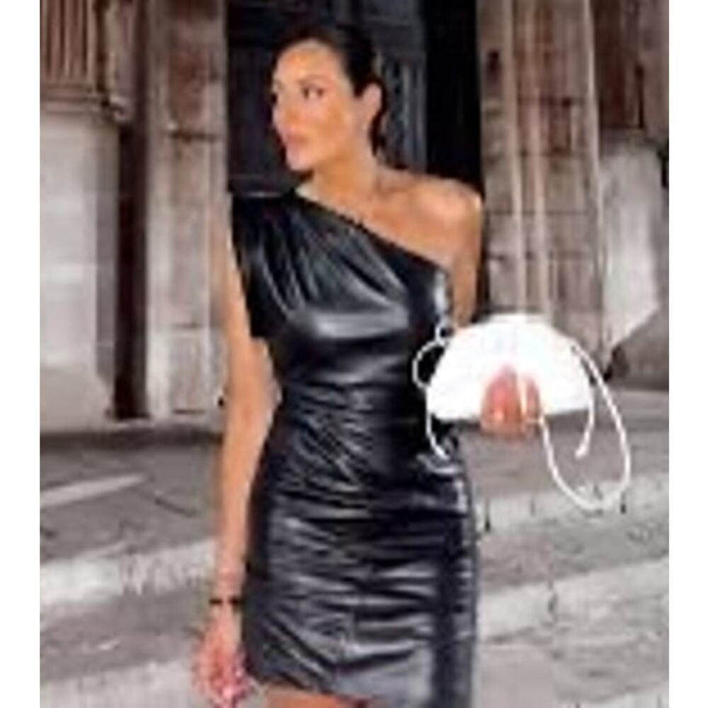 NEW LAMARQUE Corey Draped Lamb Leather One Shoulder Mini Dress Black Sz Large - Picture 13 of 13